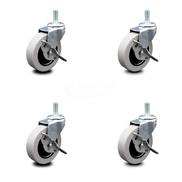 3 Inch Thermoplastic Wheel 8mm Threaded Stem Caster Set with Brakes SCC, 4PK